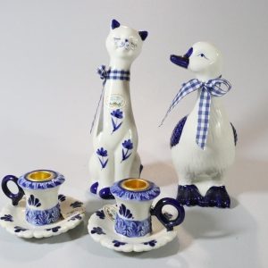 4 delar prydnadsföremål, Victoria Design, anka, katt och ljusstakar