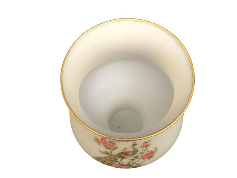 Elegant vas i matt porslin med handmålat påfågelmotiv (11 cm i diameter)