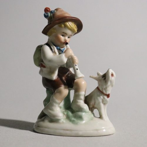 Vintage Porslinsfigur – Flöjtspelande Pojke med Hund, Tyskland