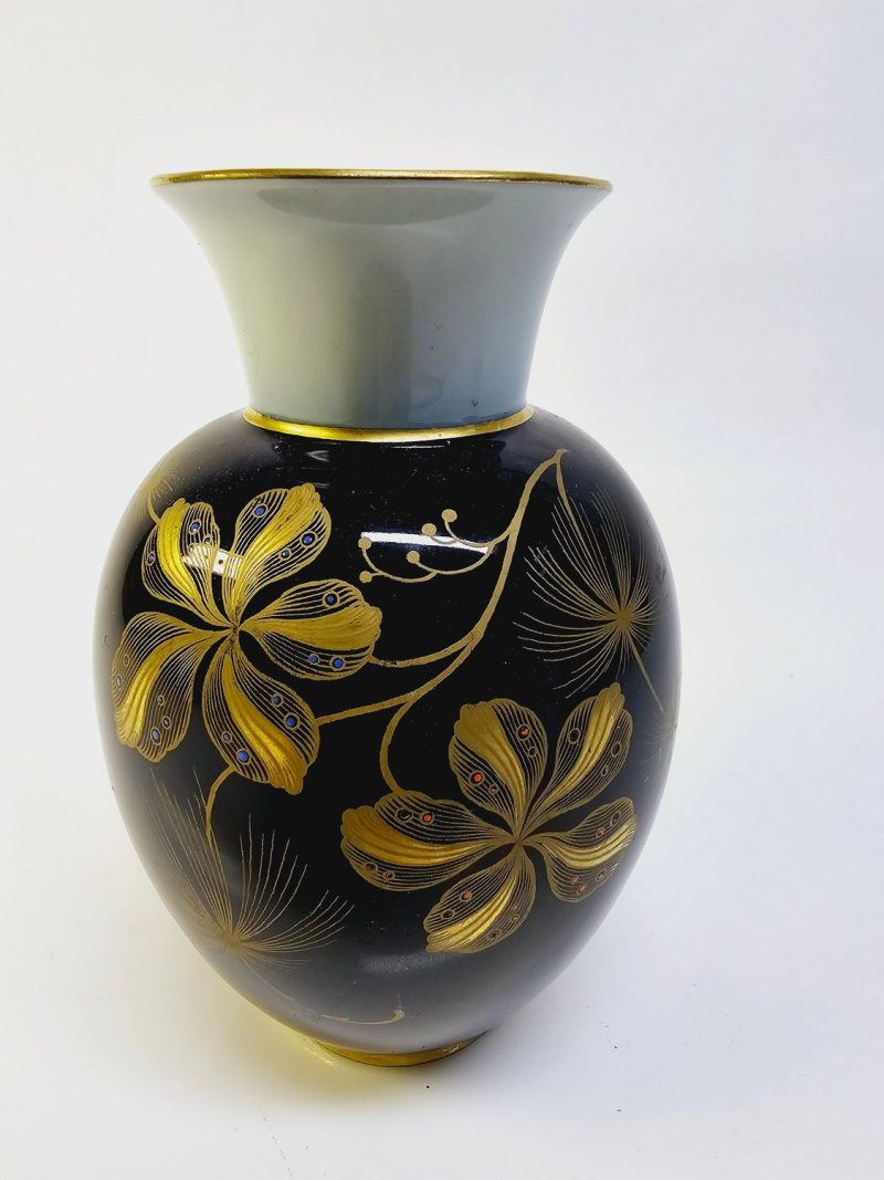 Elegant vas från Johann Haviland, Bavaria – Svart med gyllene blommor
