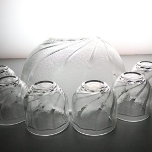 Vacker glasservis med stor skål och sex mindre glas