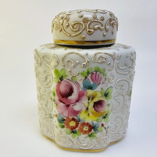 Elegant Fransk Porslinsburk med Handmålat Blommotiv