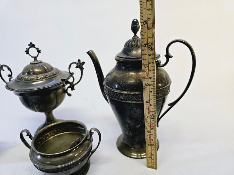Elegant Set i Nysilver – Kaffekanna, Sockerskål, Gräddkanna & Skål med Lock