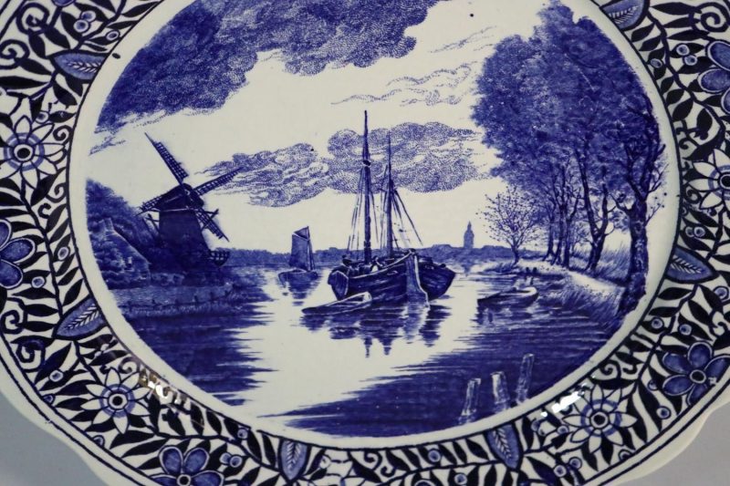 Vintage Delfts blå väggtallrik - nour du Chattel - Väderkvarnscen - Boch