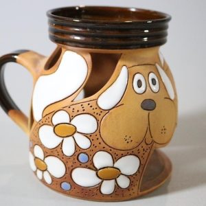 Ljushållare med hänkel i keramik - Hund/katt motiv - signerat