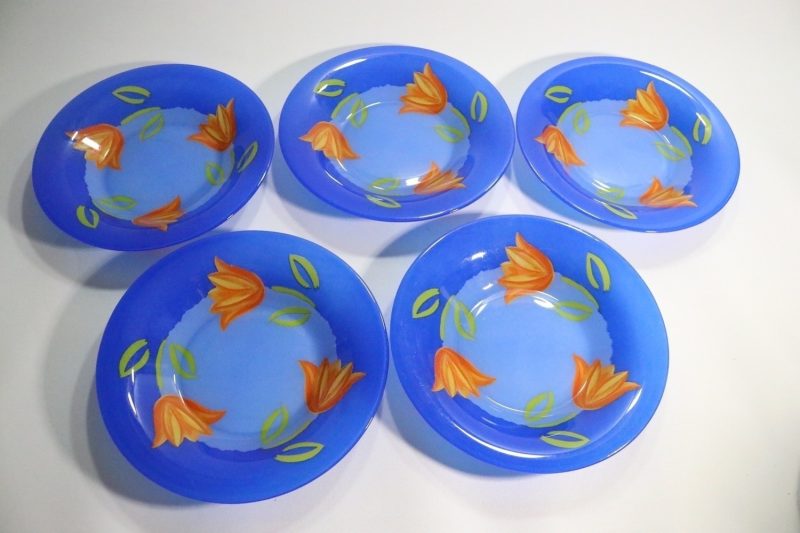 5st djupa tallrikar, glas, Cristal D'arques-Durand Tulip Blomma Tulpan