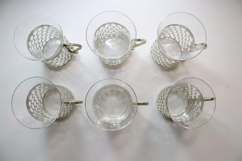 6st Kaffekoppar i glas och metall, Kosta Boda  - ca H10cm D7cm