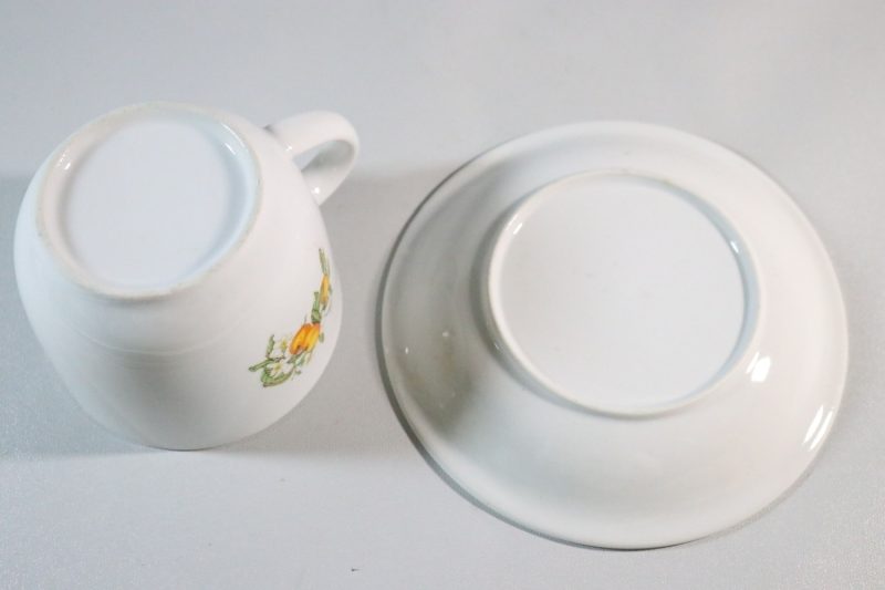 Kaffekopp med fat, fruktmotiv