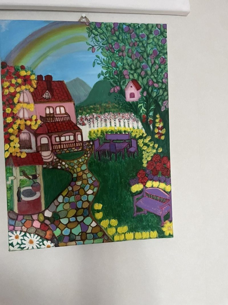 Livfull akrylmålning av en färgsprakande trädgård – 40x30 cm