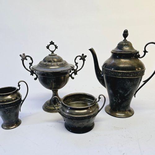 Elegant Set i Nysilver – Kaffekanna, Sockerskål, Gräddkanna & Skål med Lock