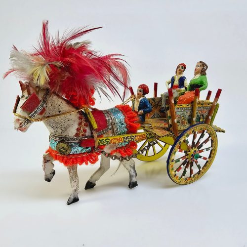 Handgjord Siciliansk Häst och Vagn i Miniatyr – Färgsprakande Samlarobjekt