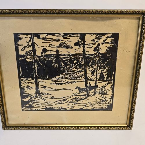 Träsnitt "Vinter i Småland" – Signerad Konst från 1940-50-talet