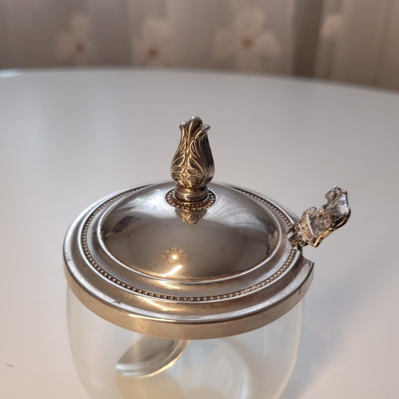 Vintage syltburk / Sockerburk i glas med nysilverlock och sked