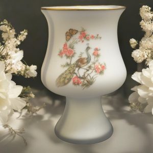 Elegant vas i matt porslin med handmålat påfågelmotiv (11 cm i diameter)