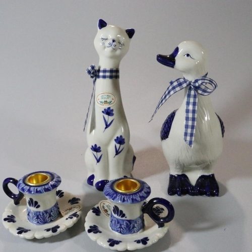 4 delar prydnadsföremål, Victoria Design, anka, katt och ljusstakar