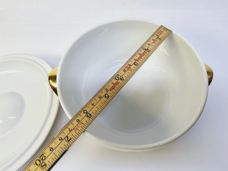 Elegant soppskål med gyllene detaljer och handmålat motiv