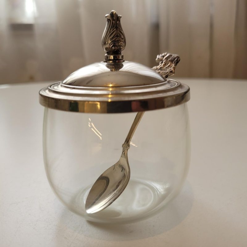 Vintage syltburk / Sockerburk i glas med nysilverlock och sked
