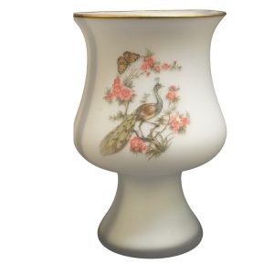 Elegant vas i matt porslin med handmålat påfågelmotiv (11 cm i diameter)