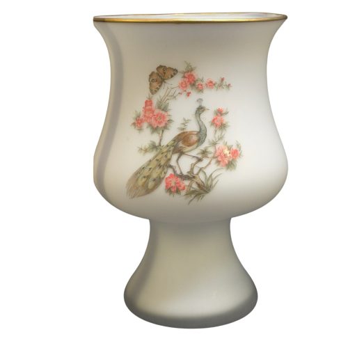 Elegant vas i matt porslin med handmålat påfågelmotiv (11 cm i diameter)