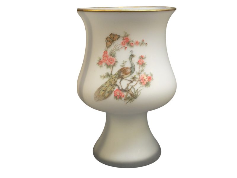 Elegant vas i matt porslin med handmålat påfågelmotiv (11 cm i diameter)