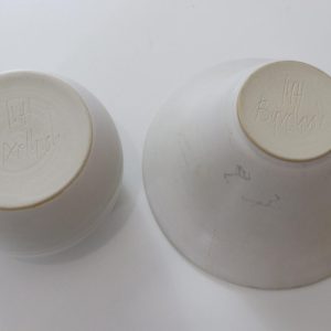 Skål och klotformad ljusstake, rosa rand