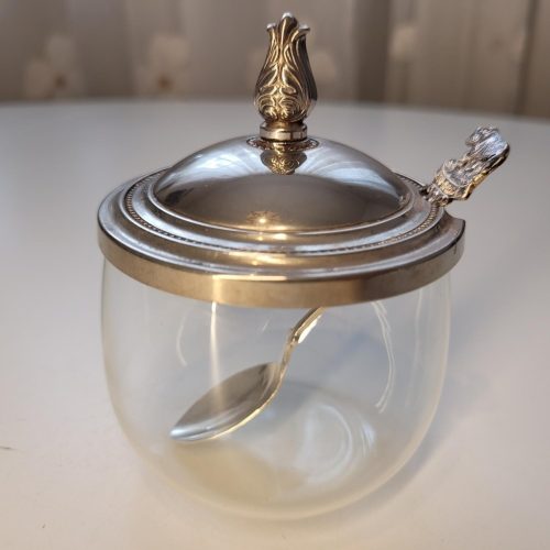Vintage syltburk / Sockerburk i glas med nysilverlock och sked